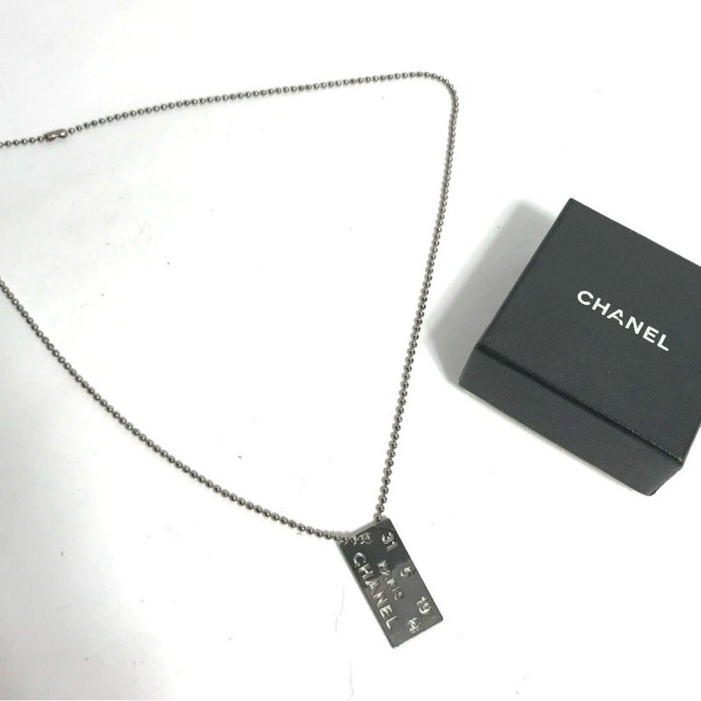 Chanel Silver Rectangular Pendant Necklace - image 1